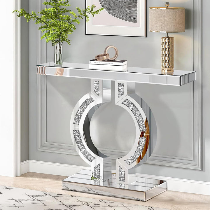 Luxury Silver Mirrored Table with Crushed Diamond Inlay, Home Living Room