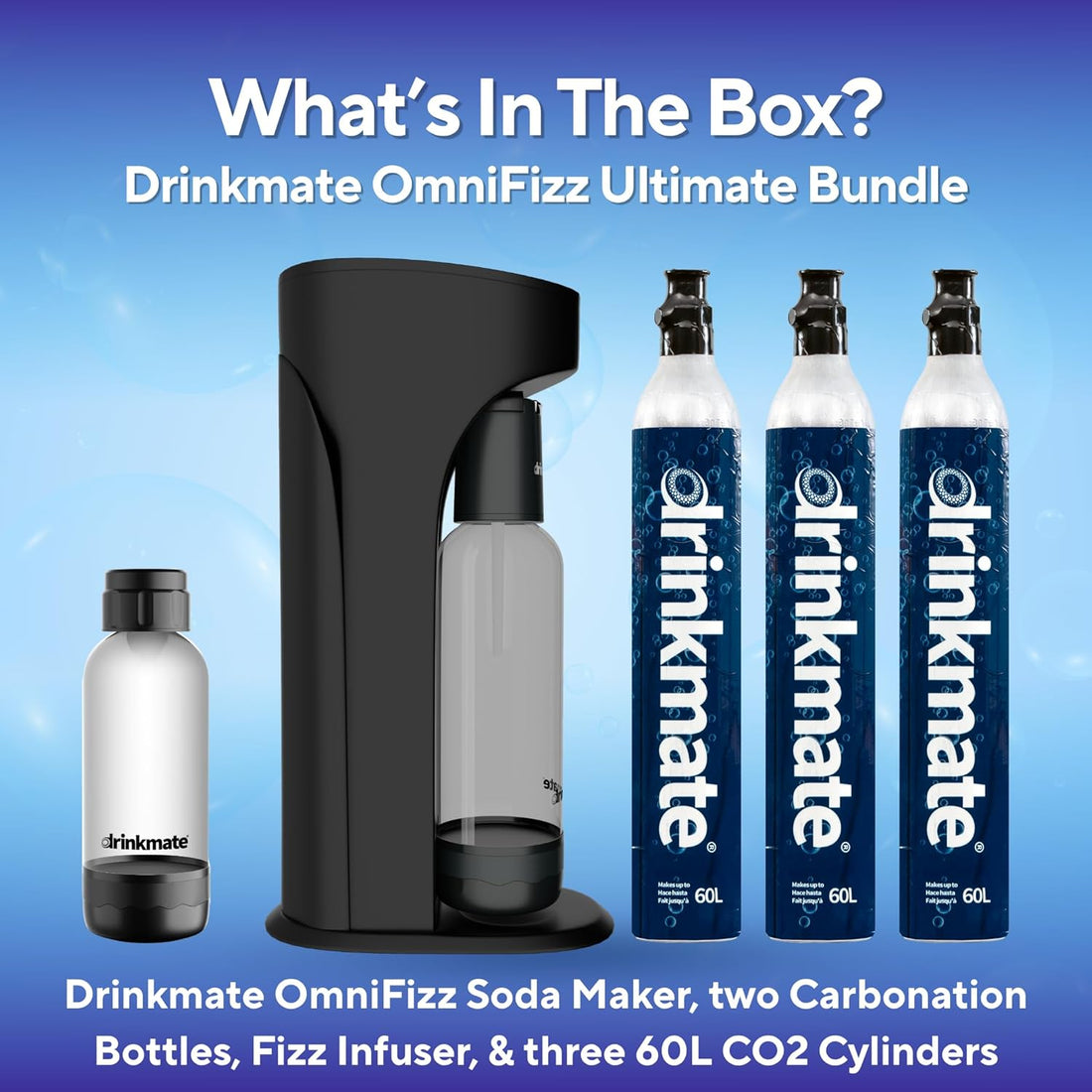 Omnifizz Sparkling Water Maker & Soda Streaming Machine | Carbonates Any Drink | ULTIMATE BUNDLE | Includes Three 60L CO2 Cartridges + Two Bpa-Free Bottles (Matte Black)