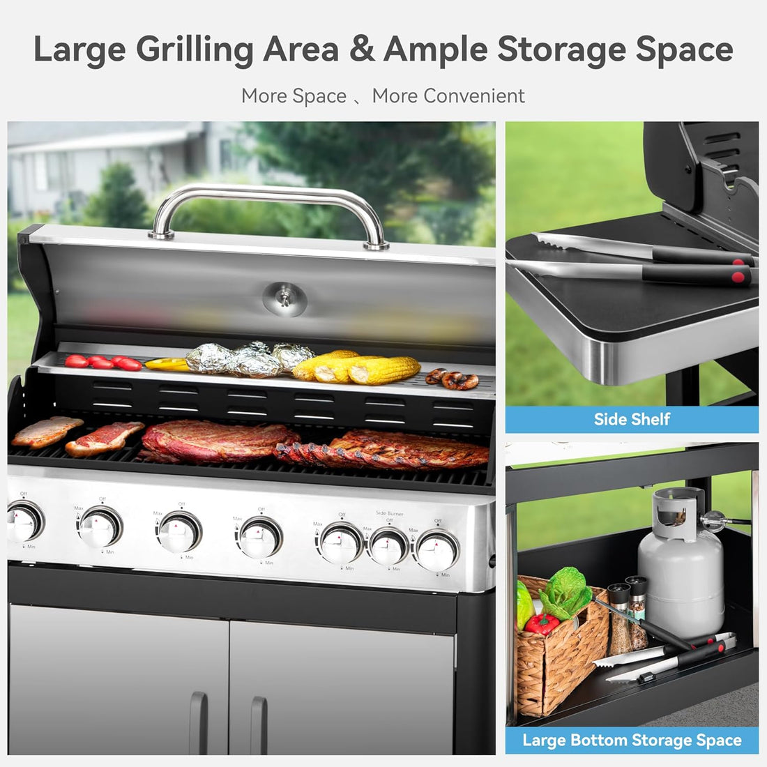 6 Burner Propane Gas BBQ Grill with Side Burner & Porcelain-Enameled Cast Iron Grate, 65,800 Btus Barbecue Grill 665 Sq. In. Grilling Area, Outdoor Propane Grill for Camping Patio Backyard Cooking
