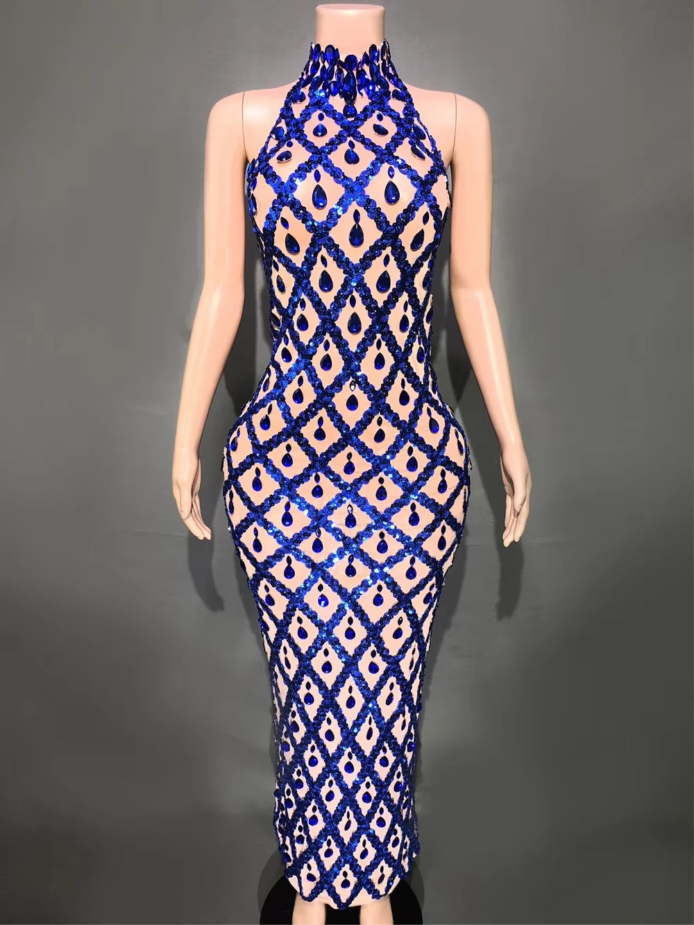 Sparkly Rhinestones Sleeveless Long Dress Elegant Dark Mesh Celebrate Evening Wedding Prom Gown Birthday Dress Photograph Wear