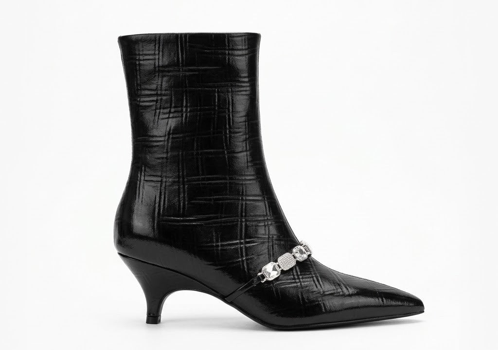 Luxury Women's Cow Leather Ankle Boots – Pointed Toe Chain Detail, 5cm Slim Heel
