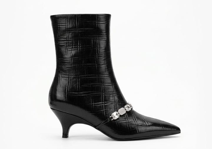 Luxury Women's Cow Leather Ankle Boots – Pointed Toe Chain Detail, 5cm Slim Heel