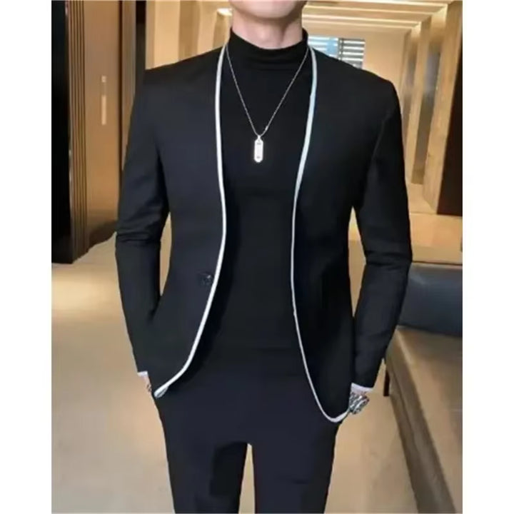 Fusion Elegant Black Gentlemen Men'S Suits Slim Fit Casual Prom Party 2 Piece Jacket Pants Full Set