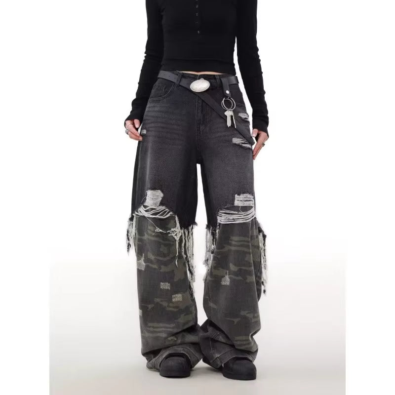 Mens Street Fashion Camouflage Patchwork Jeans