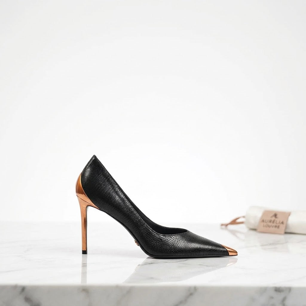 Women's Genuine Leather Pointed Toe High Heels – Shiny Metal Slim Heel Pumps for Weddings
