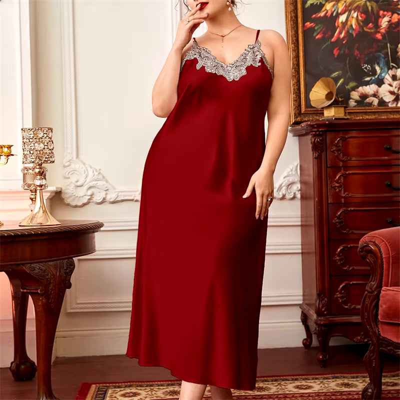 New Sleepwear Women Lace Silk Satin Sleeveless Nighties Summer V-Neck Suspender Thin Long Imitation Silk Nightgown