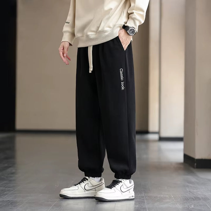 Mens Casual Solid Color Elastic High Waisted Pockets Letter Embroidered Sweatpants