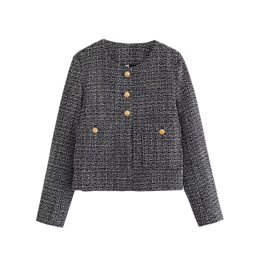 Women Fashion with Pockets Tweed Jack Coat Vintage Long Sleeve Front Button Female Outerwear Chic Tops