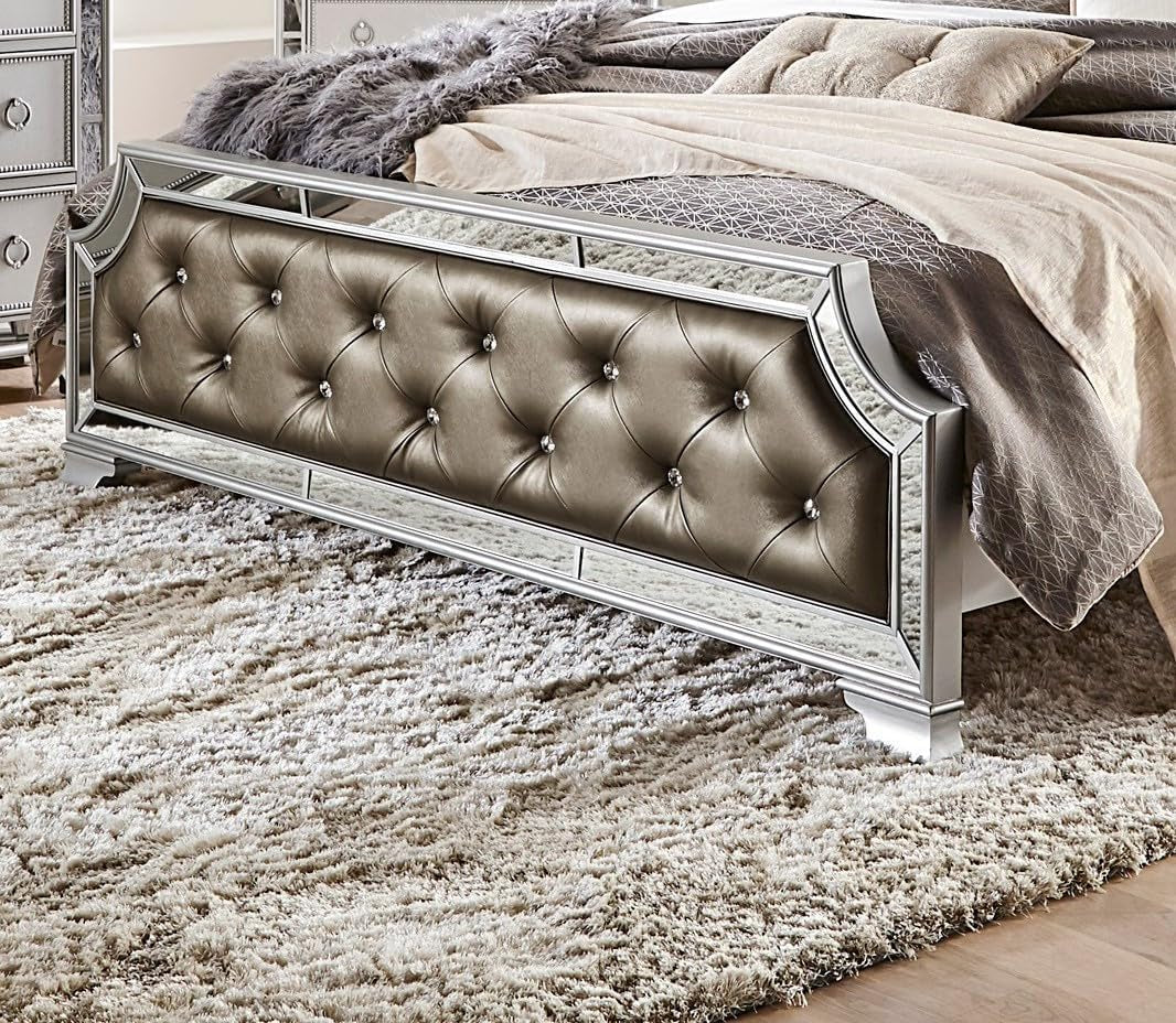 Modern Mirror Bed Frame Crystal Button-Tufted Headboard & Footboard