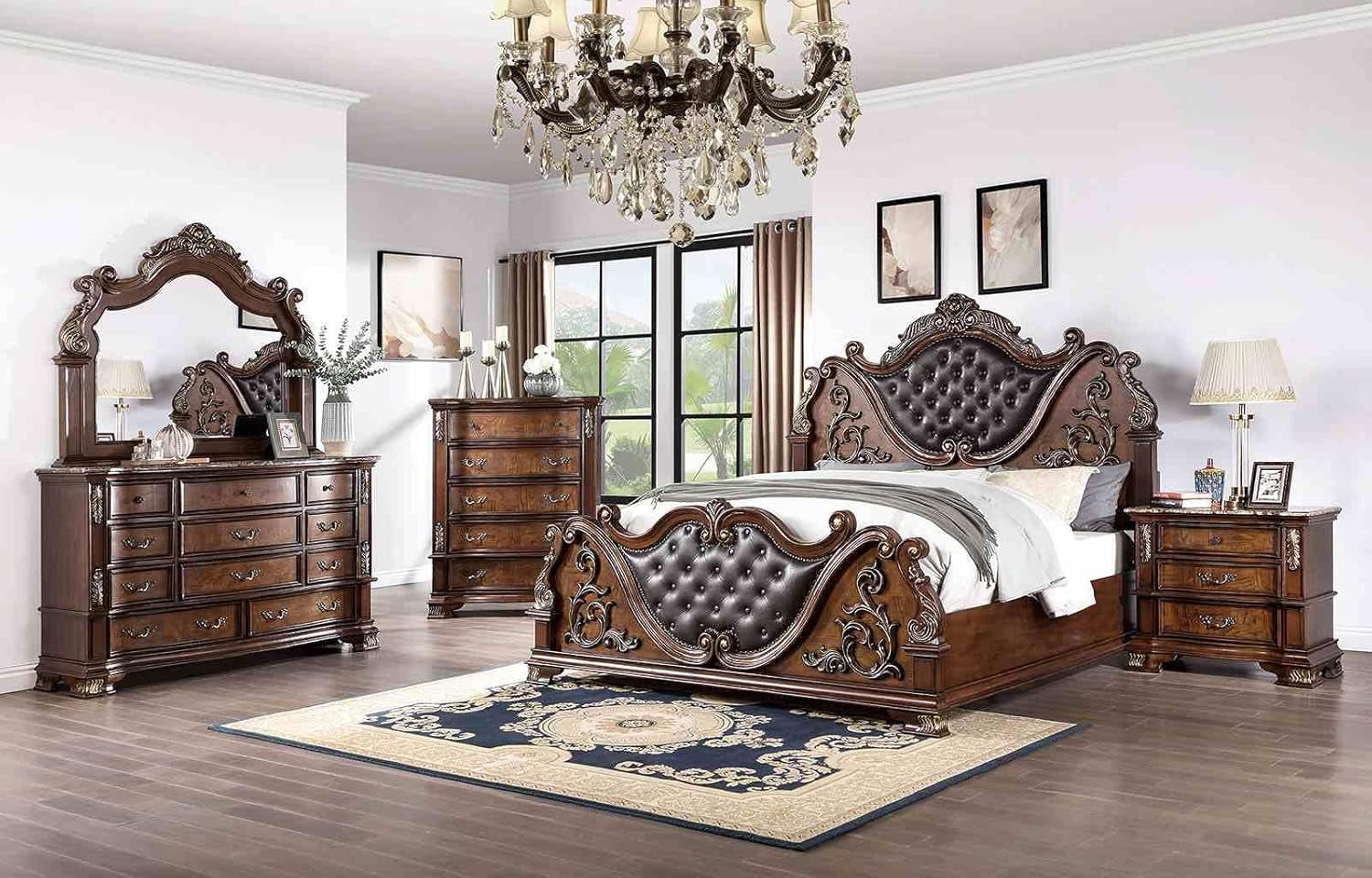 Vintage Traditional Wooden Luxury Bed Frame with Leather Button Tufted 