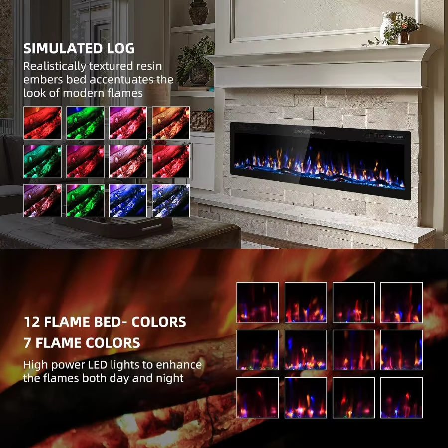 Modern 60' Electric Fireplace Wall Mounted HD Flame Effect