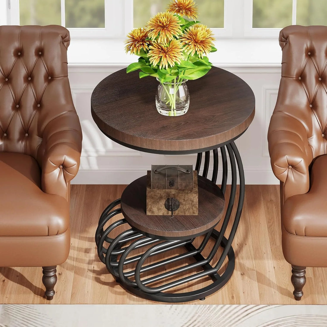 Arc-Shaped Side Table with 2 Tiers Storage Shelves