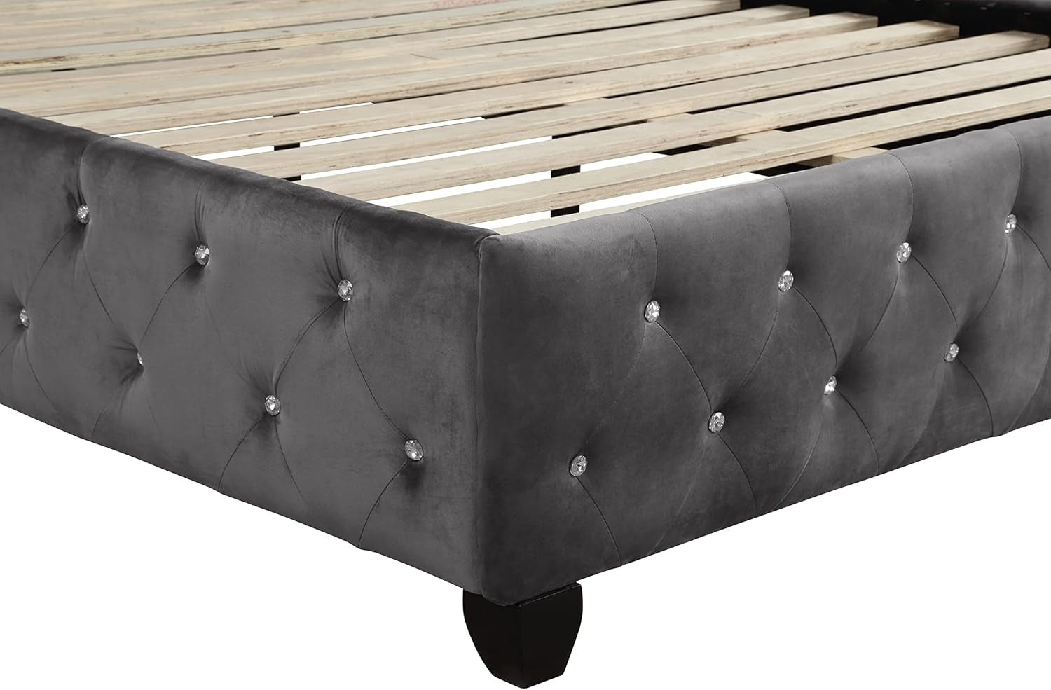 Luxury Bed Frame - Velvet Upholstered Platform Bed with Rolled Headboard 