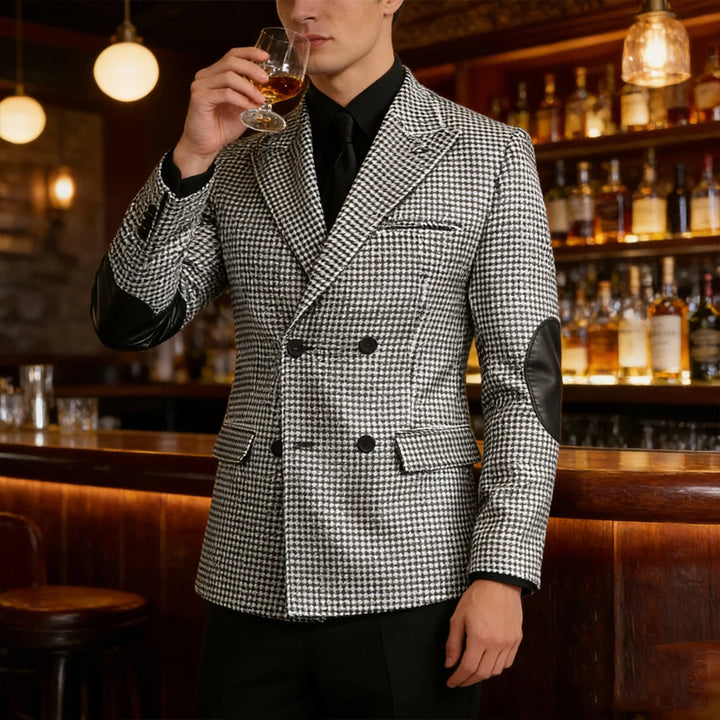 Premium Mens Double Breasted Blazer Leather Elbow Business Wedding Jacket