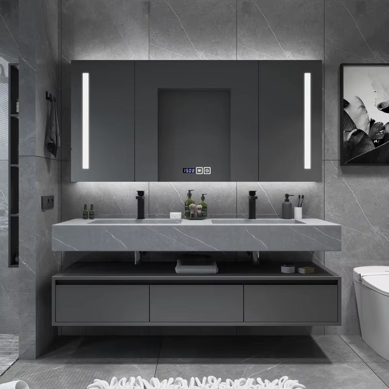 Customized Slate Solid Wood Double Sink Grey Bathroom Vanity Cabinets
