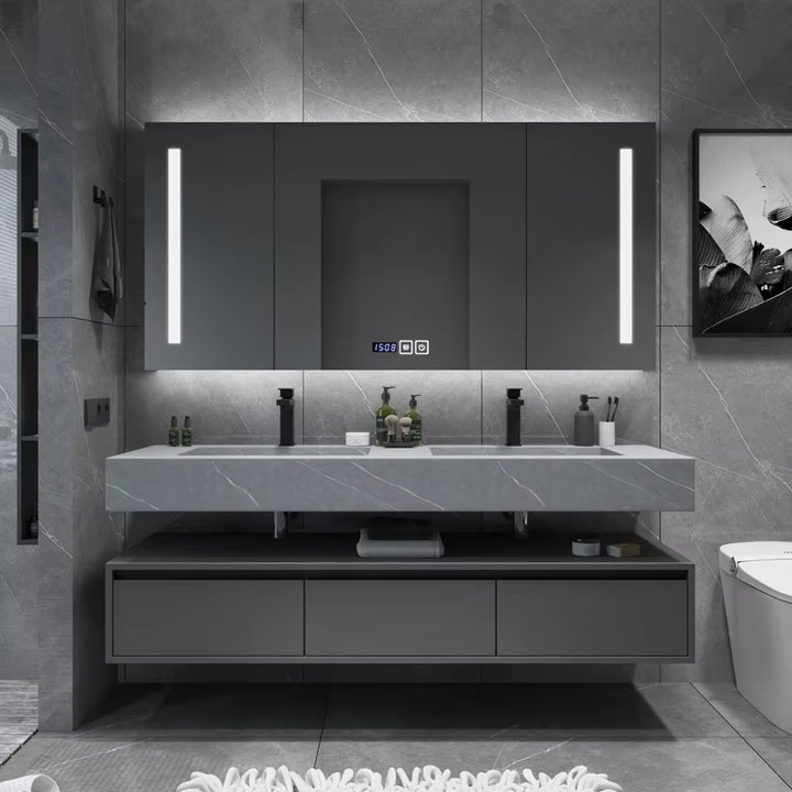 Customized Slate Solid Wood Double Sink Grey Bathroom Vanity Cabinets