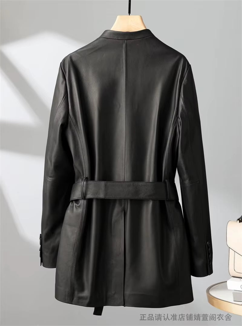 New Women Leather Jackets V-Neck Belt Design