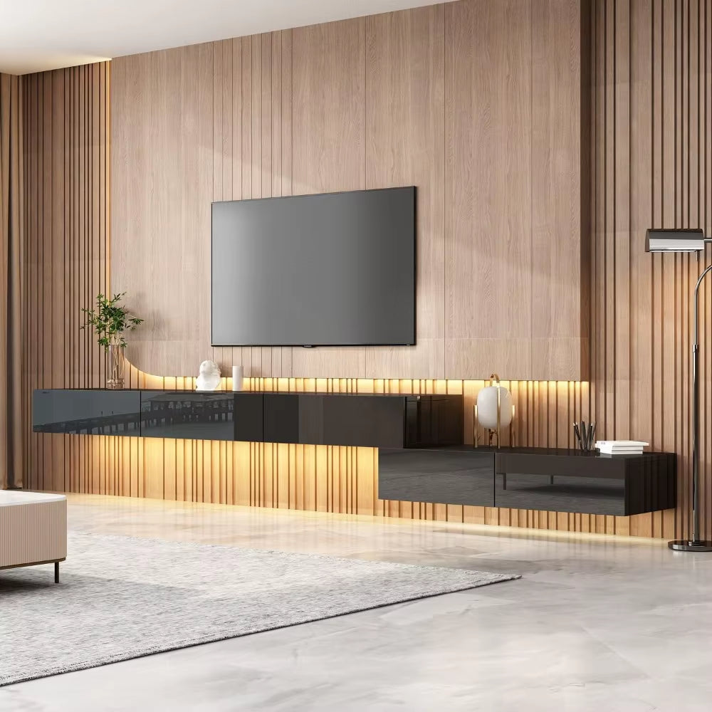Modern Wall-Mounted TV Stand with Glossy Drawers and Lighting