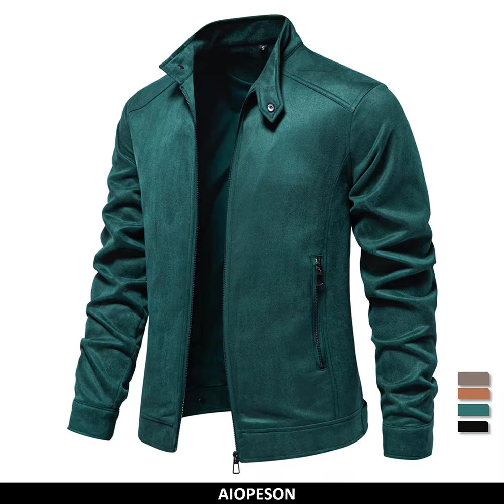 New Men'S Stand Collar Zip Suede Jacket Fashion Casual Business Faux Leather Trucker Jackets Coat for Men