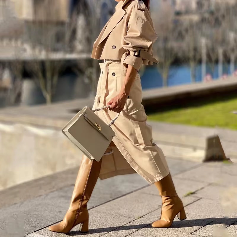Women'S Long-Sleeved Cardigan Turn-Down Collar Coat High Waist Split Skirt Suit New Spring Autumn Solid Slim Fit Two-Piece Suit