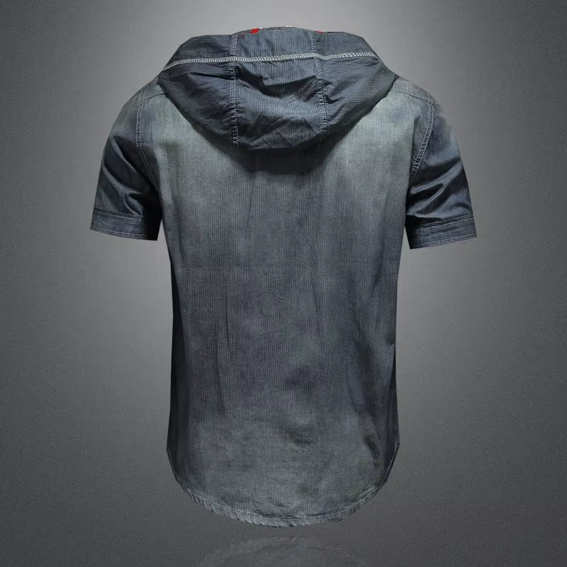 Mens Hooded Denim Short-Sleeved Shirt 