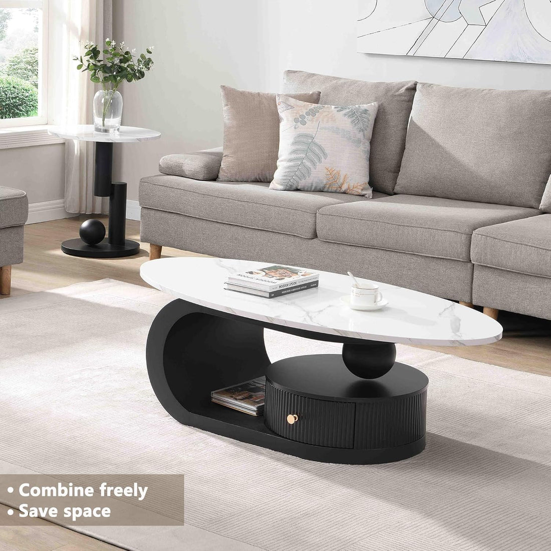  Nesting Oval Coffee Table Set of 2 Black Faux Marble