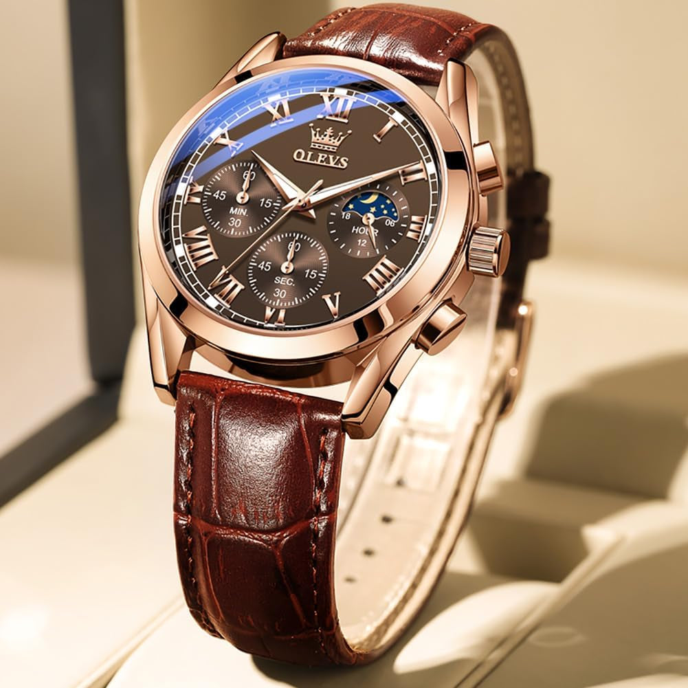 Mens Chronograph Brown Leather Watch Waterprood