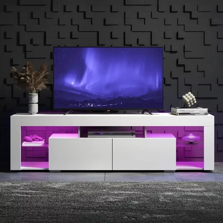 LED TV Stand, Modern Entertainment Center with Open Shelves, with 2 Bedroom Storage Drawers, Wooden TV Cabinet