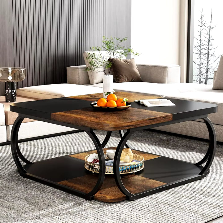 Square Coffee Table with 2 Tiers, 40 Inches Low Farmhouse Coffee Table with Wood Storage Shelf Heavy Duty Metal Curved Frame