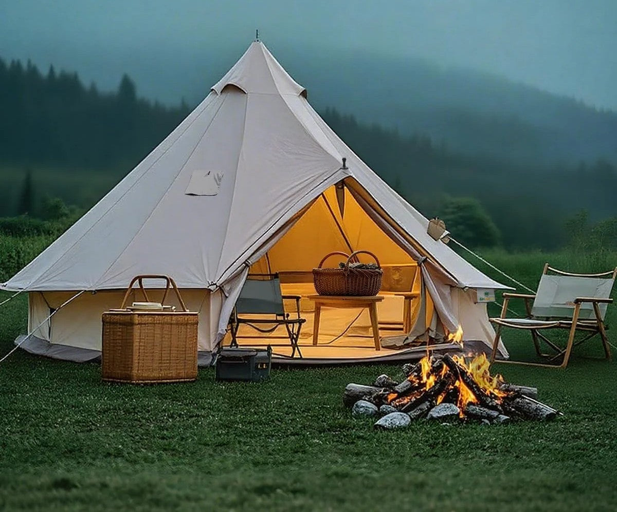 Canvas Bell Tent Yurt Tent 4 Seasons for Camping 100% Cotton Glamping Tents with Stove Jack, Family Camping Outdoor Hunting Party
