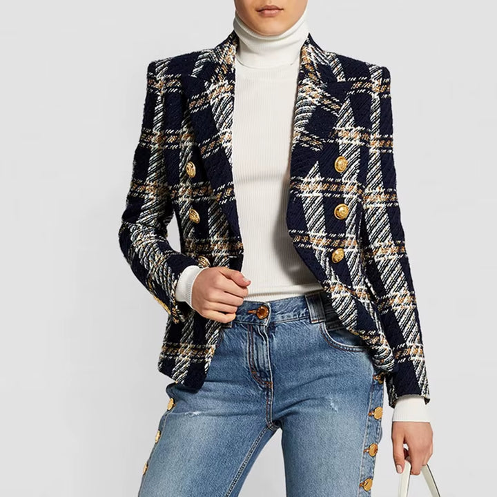 Premium Designed Women Fashion Blazer Jacket Double Breasted Plaid Wool Tweed Blazer