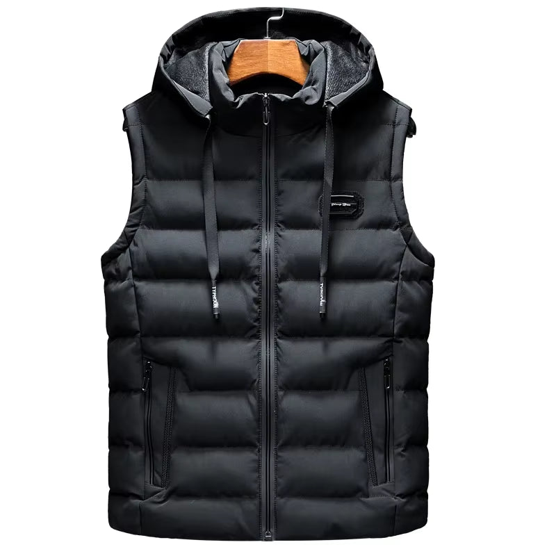 Mens High end Brand Sleeveless Vest Hooded Fashion Casual Coats Male Cotton-Padded Casual Wear