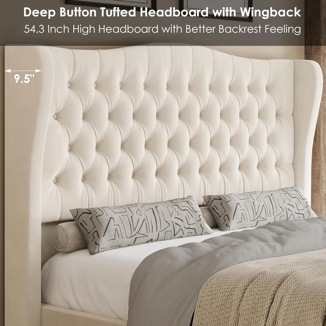 Queen Size 54.3” Tall Platform Bed Frame with Deep Tufted Style