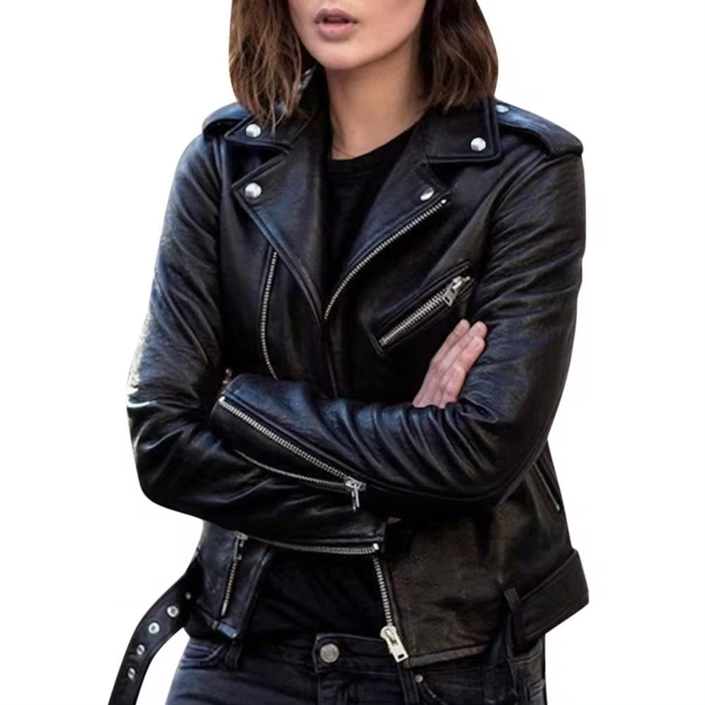 New Stylish Short Jacket Solid Female Moto Biker Jackets Thin Ladies Cool Faux Leather Jacket Slim Short Leather Outwear