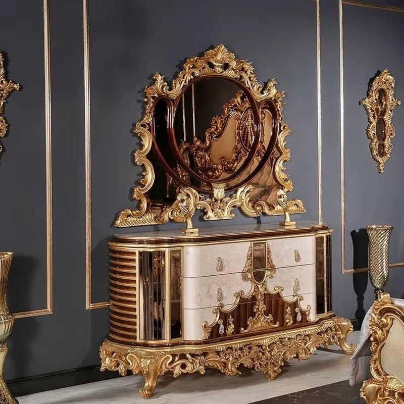 Premium Hand Carving Vintage Gold Wooden King Size Bed