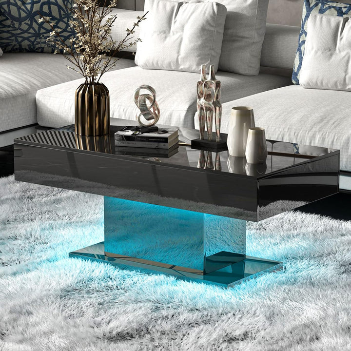 New Luxury Black High Gloss Coffee Table for Living Room, Modern Cocktail Tables with 16-Color LED Light, Center Tea Table for Home/Bar/Store (W110Xd55Xh50Cm)