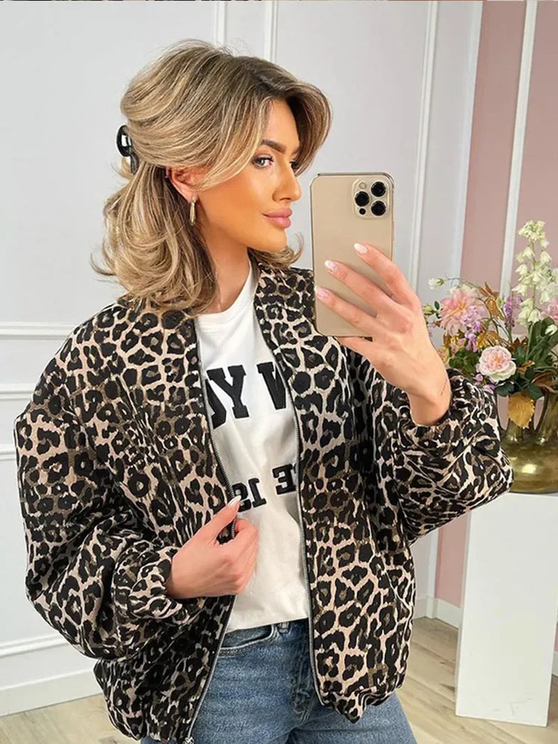 New Stylish  Female Winter Warm High Street Outwear Retro Leopard Print Cotton Coats Women Autumn Zipper Jacket