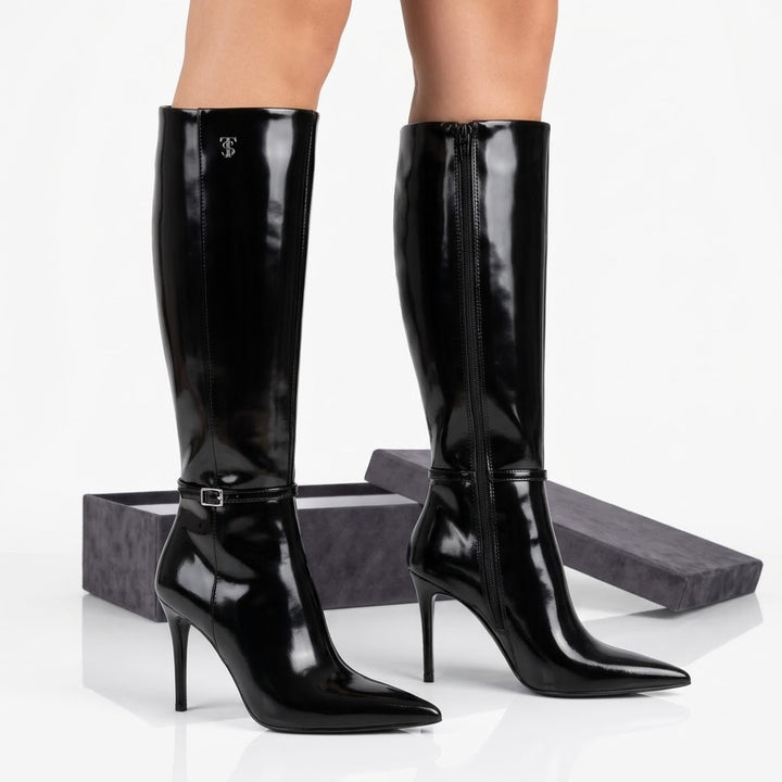 Women’s Black Knee-High Stiletto Boots with Buckle Straps &amp; Pointed Toe