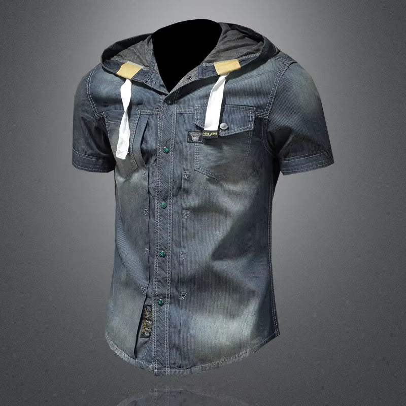 Mens Hooded Denim Short-Sleeved Shirt 