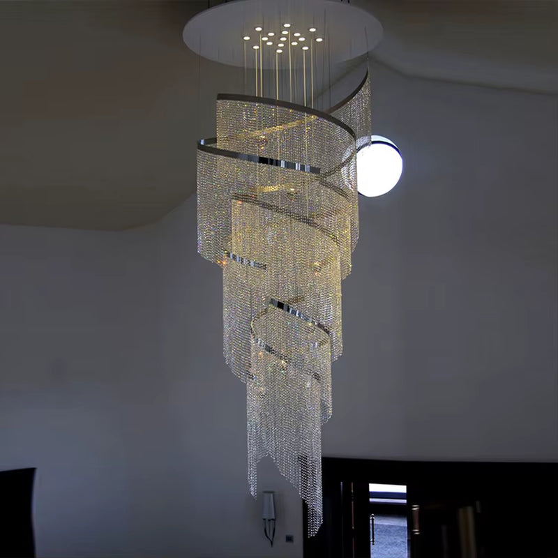 Custom Project Decorative Long Hotel Light Villa Modern Luxury Led Ceiling Crystal Staircase Chandelier