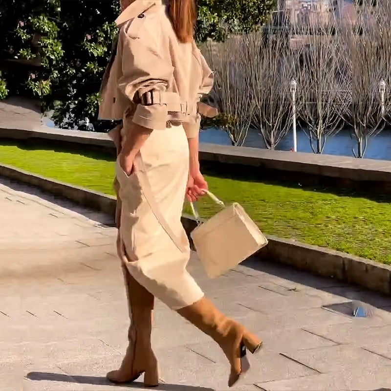 Women'S Long-Sleeved Cardigan Turn-Down Collar Coat High Waist Split Skirt Suit New Spring Autumn Solid Slim Fit Two-Piece Suit