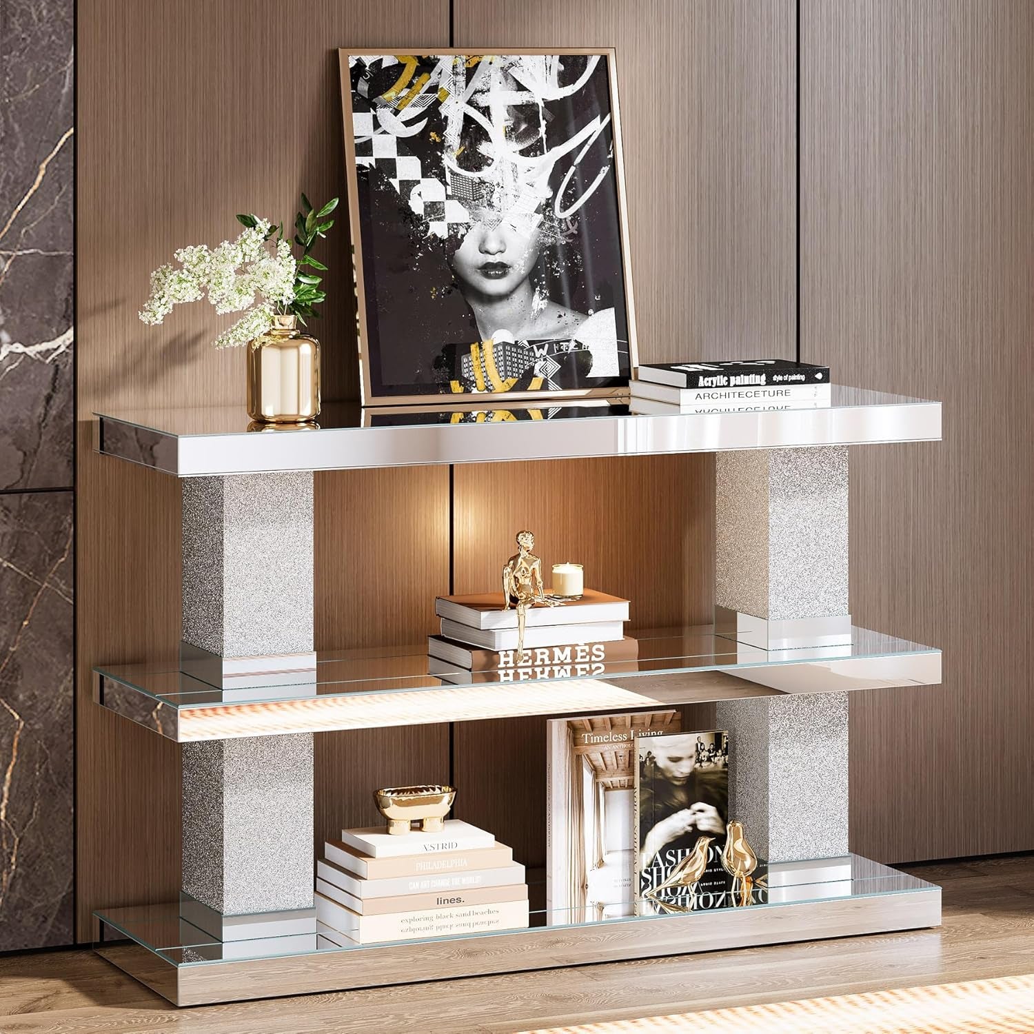 Mirrored Table, 46" Silver Entryway Table with 3-Tier Storage 