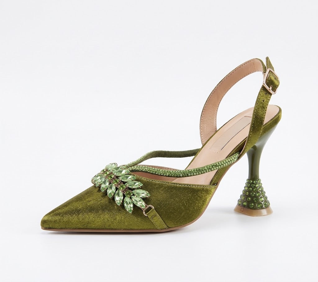 Women's Olive Green Rhinestone High Heels with Matching Bag Set – Elegant Pointed Toe Wedding Party Shoes