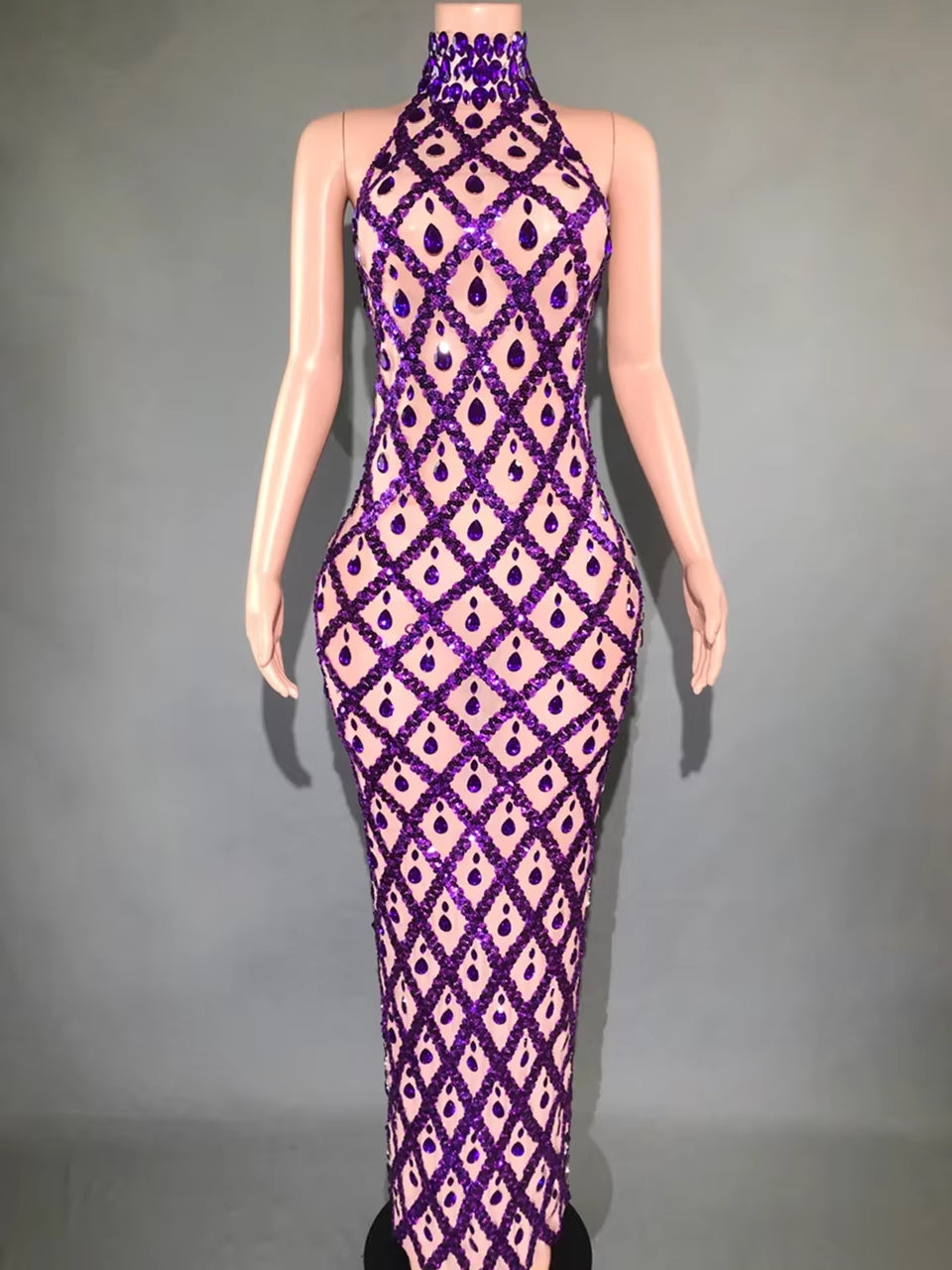 Sparkly Rhinestones Sleeveless Long Dress Elegant Dark Mesh Celebrate Evening Wedding Prom Gown Birthday Dress Photograph Wear