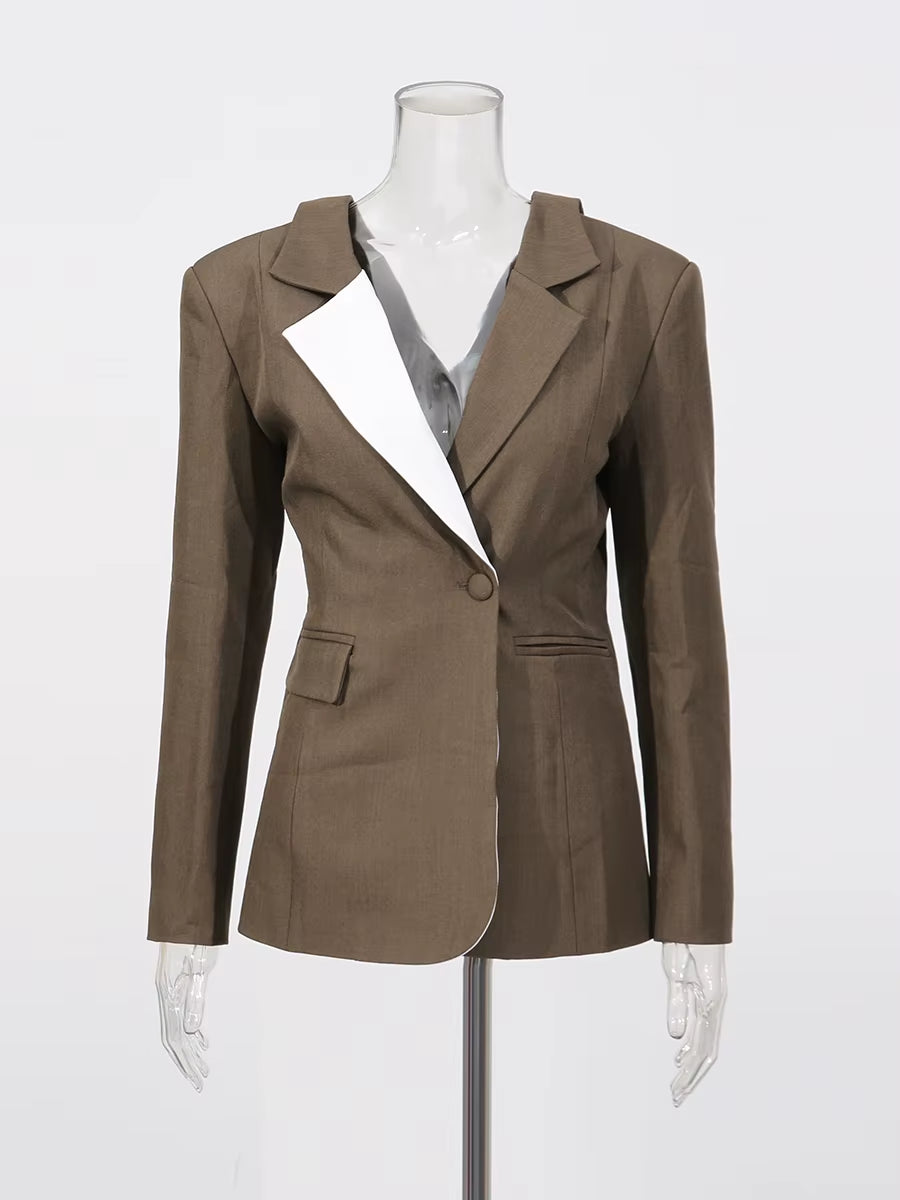 Hit Color Spliced Buttons Temperament Jackets for Women Lapel Long Sleeves Patchwork Pockets Fashion Jacket Female