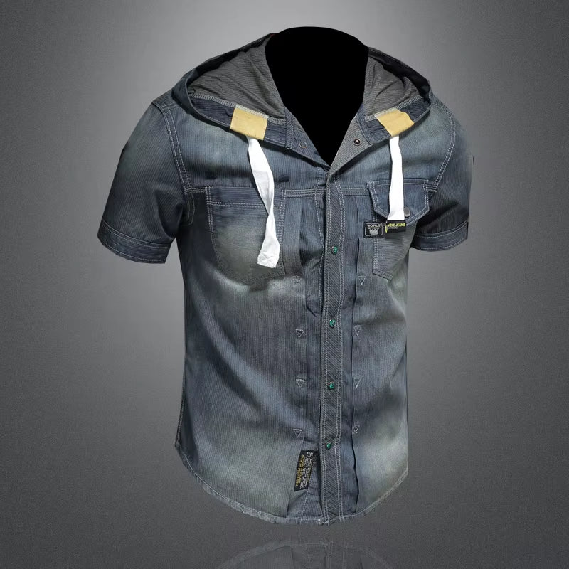 Mens Hooded Denim Short-Sleeved Shirt 
