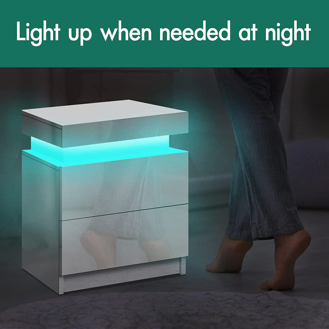 Rustic Elegance , 4 Sides High Gloss LED with 16 Colours, Side Cabinet Nightstand Bedroom Living Room Furniture White