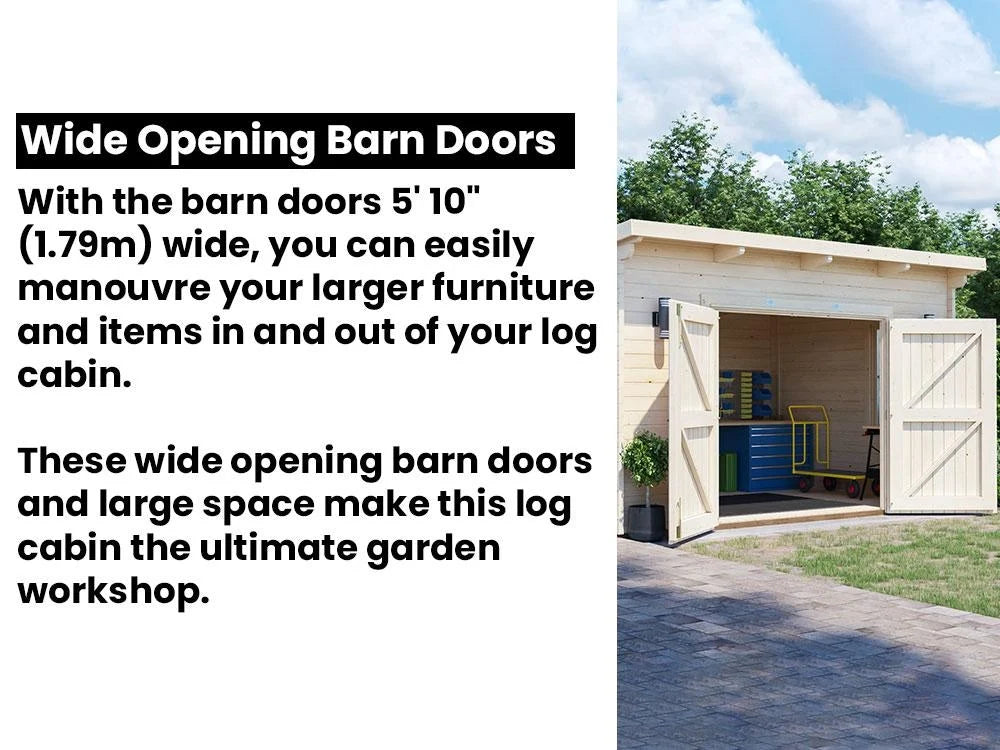 A light wood log cabin with wide barn-style doors open, shown outdoors on a driveway with trees and sky in the background. Large text on the left describes the wide opening doors and storage space.