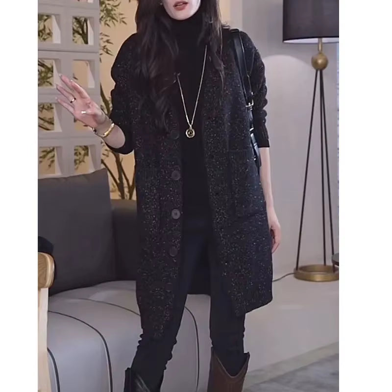 2024New Autumn Winter Europe Station Fashion High-End Knitwear Cardigan Sweater Women Single-Breasted Wear Skinny Long Coat Lady