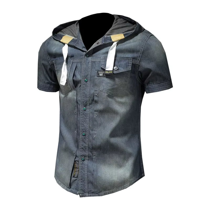 Mens Hooded Denim Short-Sleeved Shirt 
